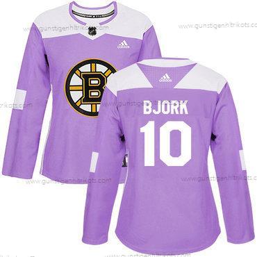 Adidas Frauen Boston Bruins #10 Anders Bjork Authentisch Bekämpft Krebs Strickerei NHL Trikots – Lila