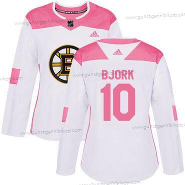 Adidas Frauen Boston Bruins #10 Anders Bjork Authentisch Strickerei NHL Trikots – Weiß Rosa