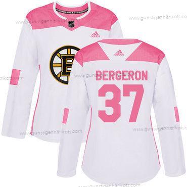 Adidas Frauen Boston Bruins #37 Patrice Bergeron Authentisch Strickerei NHL Trikots – Weiß Rosa