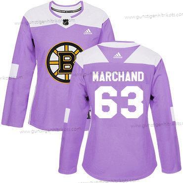 Adidas Frauen Boston Bruins #63 Brad Marchand Authentisch Bekämpft Krebs Strickerei NHL Trikots – Lila