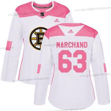 Adidas Frauen Boston Bruins #63 Brad Marchand Authentisch Strickerei NHL Trikots – Weiß Rosa