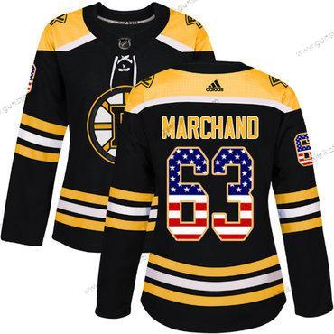 Adidas Frauen Boston Bruins #63 Brad Marchand Heimtrikots Authentisch USA Flag Strickerei NHL Trikots – Schwarz