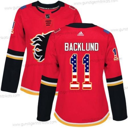 Adidas Frauen Calgary Flames #11 Mikael Backlund Heimtrikots Authentisch USA Flag Strickerei NHL Trikots – Rot