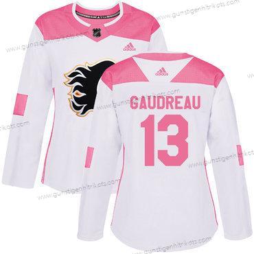 Adidas Frauen Calgary Flames #13 Johnny Gaudreau Authentisch Strickerei NHL Trikots – Weiß Rosa