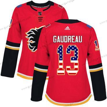 Adidas Frauen Calgary Flames #13 Johnny Gaudreau Heimtrikots Authentisch USA Flag Strickerei NHL Trikots – Rot