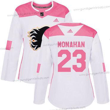 Adidas Frauen Calgary Flames #23 Sean Monahan Authentisch Strickerei NHL Trikots – Weiß Rosa