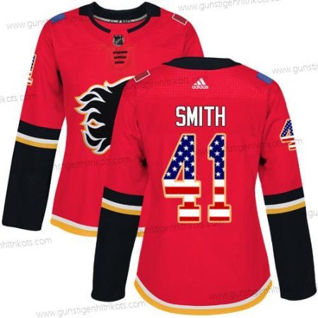 Adidas Frauen Calgary Flames #41 Mike Smith Heimtrikots Authentisch USA Flag Strickerei NHL Trikots – Rot