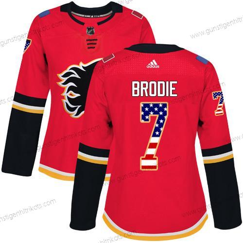 Adidas Frauen Calgary Flames #7 Tj Brodie Heimtrikots Authentisch USA Flag Strickerei NHL Trikots – Rot