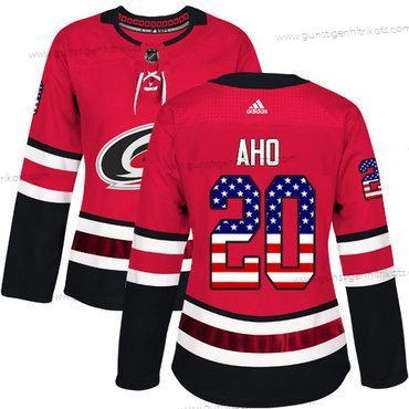 Adidas Frauen Carolina Hurricanes #20 Sebastian Aho Heimtrikots Authentisch USA Flag Strickerei NHL Trikots – Rot