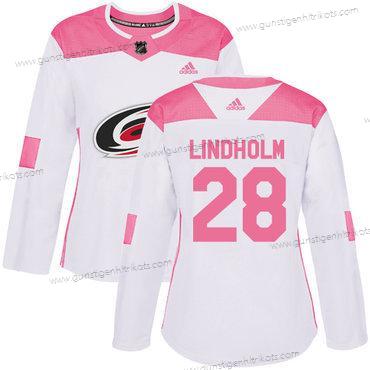 Adidas Frauen Carolina Hurricanes #28 Elias Lindholm Authentisch Strickerei NHL Trikots – Weiß Rosa