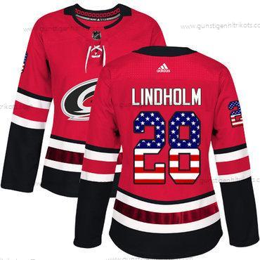 Adidas Frauen Carolina Hurricanes #28 Elias Lindholm Heimtrikots Authentisch USA Flag Strickerei NHL Trikots – Rot