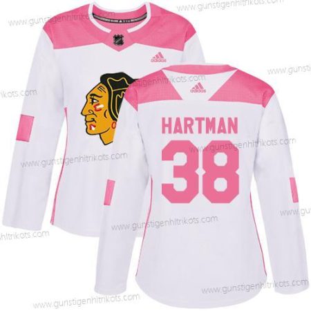 Adidas Frauen Chicago Blackhawks #38 Ryan Hartman Authentisch Strickerei NHL Trikots – Weiß Rosa