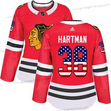 Adidas Frauen Chicago Blackhawks #38 Ryan Hartman Heimtrikots Authentisch USA Flag Strickerei NHL Trikots – Rot