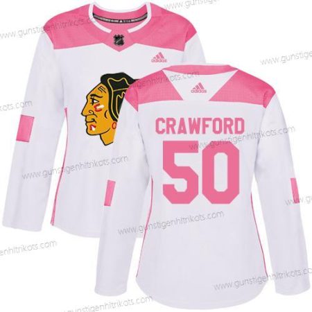 Adidas Frauen Chicago Blackhawks #50 Corey Crawford Authentisch Strickerei NHL Trikots – Weiß Rosa