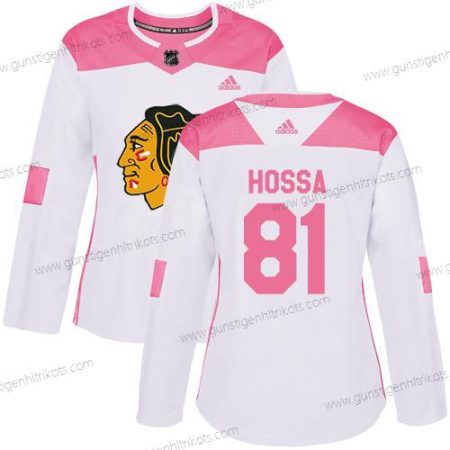 Adidas Frauen Chicago Blackhawks #81 Marian Hossa Authentisch Strickerei NHL Trikots – Weiß Rosa