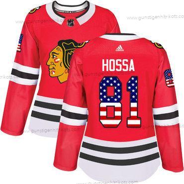 Adidas Frauen Chicago Blackhawks #81 Marian Hossa Heimtrikots Authentisch USA Flag Strickerei NHL Trikots – Rot