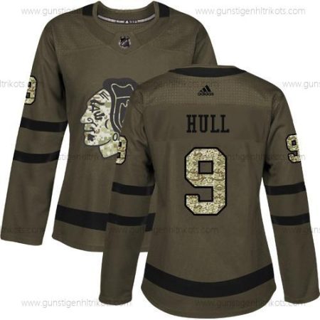 Adidas Frauen Chicago Blackhawks #9 Bobby Hull Salute to Service Strickerei NHL Trikots – Grün