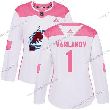 Adidas Frauen Colorado Avalanche #1 Semyon Varlamov Authentisch Strickerei NHL Trikots – Weiß Rosa