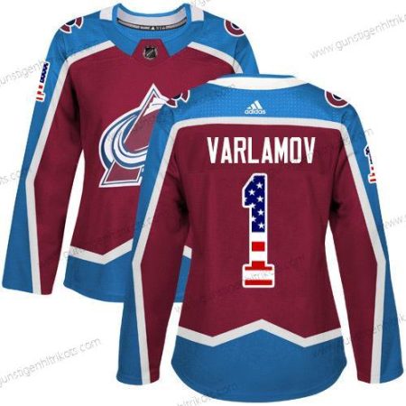 Adidas Frauen Colorado Avalanche #1 Semyon Varlamov Heimtrikots Authentisch USA Flag Strickerei NHL Trikots – Rot