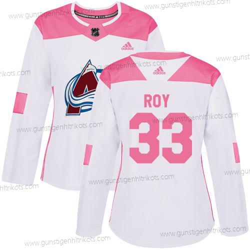 Adidas Frauen Colorado Avalanche #33 Patrick Roy Authentisch Strickerei NHL Trikots – Weiß Rosa