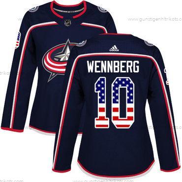 Adidas Frauen Columbus Blue Jackets #10 Alexander Wennberg Heimtrikots Authentisch USA Flag Strickerei NHL Trikots – Marineblau Blau