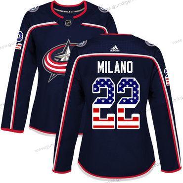 Adidas Frauen Columbus Blue Jackets #22 Sonny Milano Heimtrikots Authentisch USA Flag Strickerei NHL Trikots – Marineblau Blau