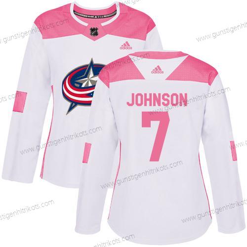 Adidas Frauen Columbus Blue Jackets #7 Jack Johnson Authentisch Strickerei NHL Trikots – Weiß Rosa