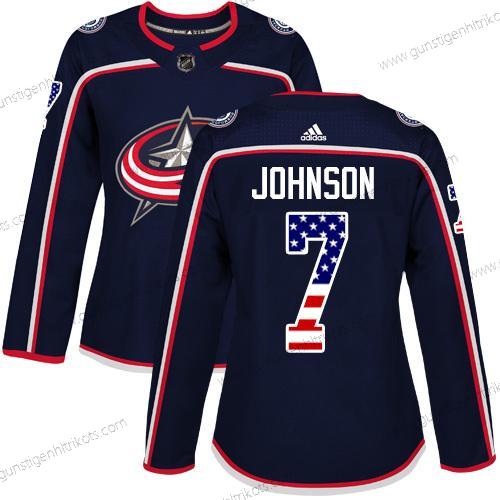 Adidas Frauen Columbus Blue Jackets #7 Jack Johnson Heimtrikots Authentisch USA Flag Strickerei NHL Trikots – Marineblau Blau