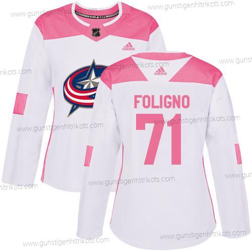 Adidas Frauen Columbus Blue Jackets #71 Nick Foligno Authentisch Strickerei NHL Trikots – Weiß Rosa