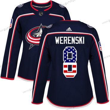 Adidas Frauen Columbus Blue Jackets #8 Zach Werenski Heimtrikots Authentisch USA Flag Strickerei NHL Trikots – Marineblau Blau