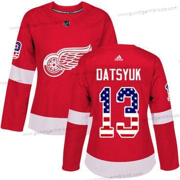 Adidas Frauen Detroit Red Wings #13 Pavel Datsyuk Heimtrikots Authentisch USA Flag Strickerei NHL Trikots – Rot