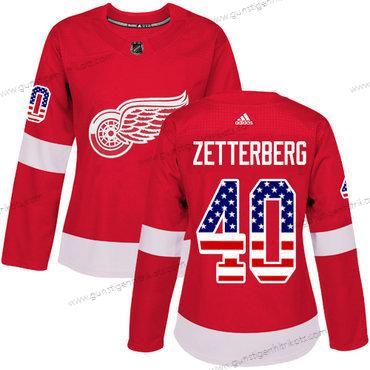 Adidas Frauen Detroit Red Wings #40 Henrik Zetterberg Heimtrikots Authentisch USA Flag Strickerei NHL Trikots – Rot