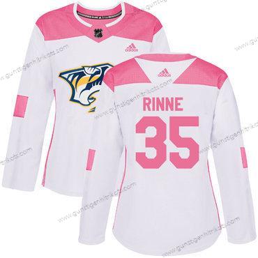 Adidas Frauen Nashville Predators #35 Pekka Rinne Authentisch Strickerei NHL Trikots – Weiß Rosa