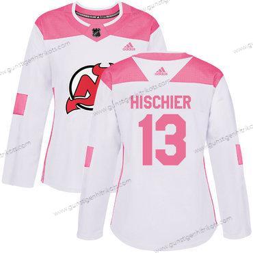 Adidas Frauen New Jersey Devils #13 Nico Hischier Authentisch Strickerei NHL Trikots – Weiß Rosa