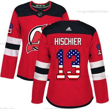 Adidas Frauen New Jersey Devils #13 Nico Hischier Heimtrikots Authentisch USA Flag Strickerei NHL Trikots – Rot