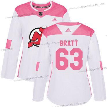 Adidas Frauen New Jersey Devils #63 Jesper Bratt Authentisch Strickerei NHL Trikots – Weiß Rosa