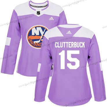 Adidas Frauen New York Islanders #15 Cal Clutterbuck Authentisch Bekämpft Krebs Strickerei NHL Trikots – Lila