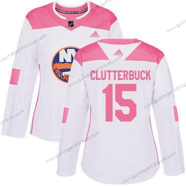 Adidas Frauen New York Islanders #15 Cal Clutterbuck Authentisch Strickerei NHL Trikots – Weiß Rosa