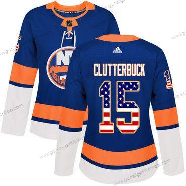 Adidas Frauen New York Islanders #15 Cal Clutterbuck Royal Heimtrikots Authentisch USA Flag Strickerei NHL Trikots – Blau