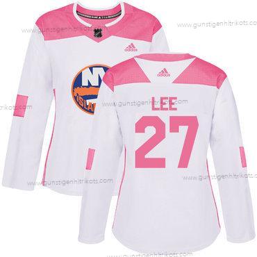 Adidas Frauen New York Islanders #27 Anders Lee Authentisch Strickerei NHL Trikots – Weiß Rosa