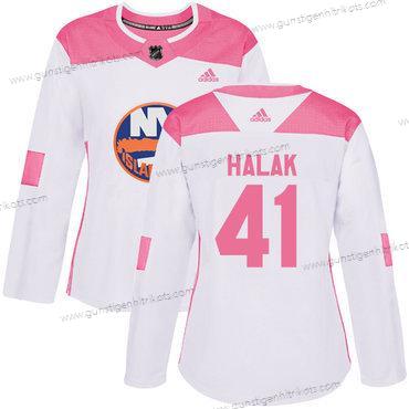 Adidas Frauen New York Islanders #41 Jaroslav Halak Authentisch Strickerei NHL Trikots – Weiß Rosa