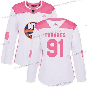 Adidas Frauen New York Islanders #91 John Tavares Authentisch Strickerei NHL Trikots – Weiß Rosa