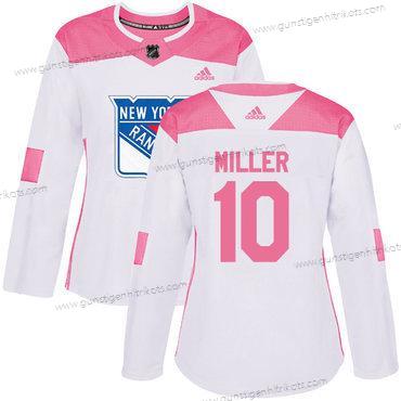 Adidas Frauen New York Rangers #10 J.T. Miller Authentisch Strickerei NHL Trikots – Weiß Rosa