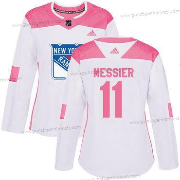 Adidas Frauen New York Rangers #11 Mark Messier Authentisch Strickerei NHL Trikots – Weiß Rosa