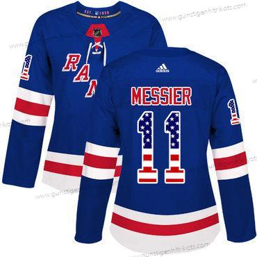 Adidas Frauen New York Rangers #11 Mark Messier Royal Heimtrikots Authentisch USA Flag Strickerei NHL Trikots – Blau