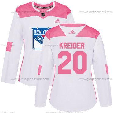 Adidas Frauen New York Rangers #20 Chris Kreider Authentisch Strickerei NHL Trikots – Weiß Rosa