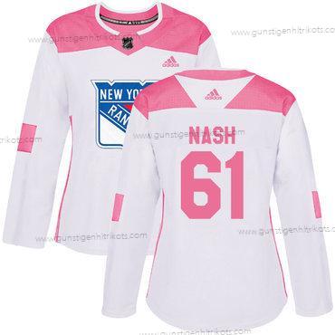 Adidas Frauen New York Rangers #61 Rick Nash Authentisch Strickerei NHL Trikots – Weiß Rosa