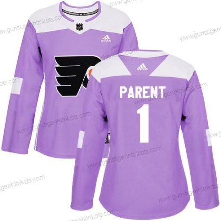 Adidas Frauen Philadelphia Flyers #1 Bernie Parent Authentisch Bekämpft Krebs Strickerei NHL Trikots – Lila