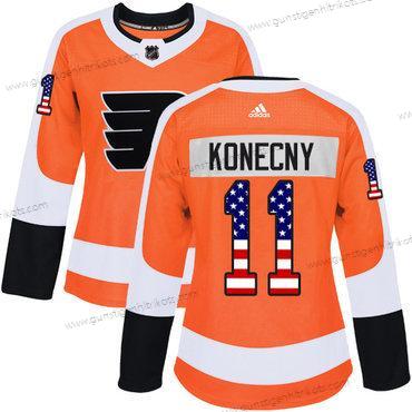 Adidas Frauen Philadelphia Flyers #11 Travis Konecny Heimtrikots Authentisch USA Flag Strickerei NHL Trikots – Orange