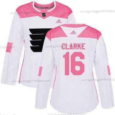 Adidas Frauen Philadelphia Flyers #16 Bobby Clarke Authentisch Strickerei NHL Trikots – Weiß Rosa